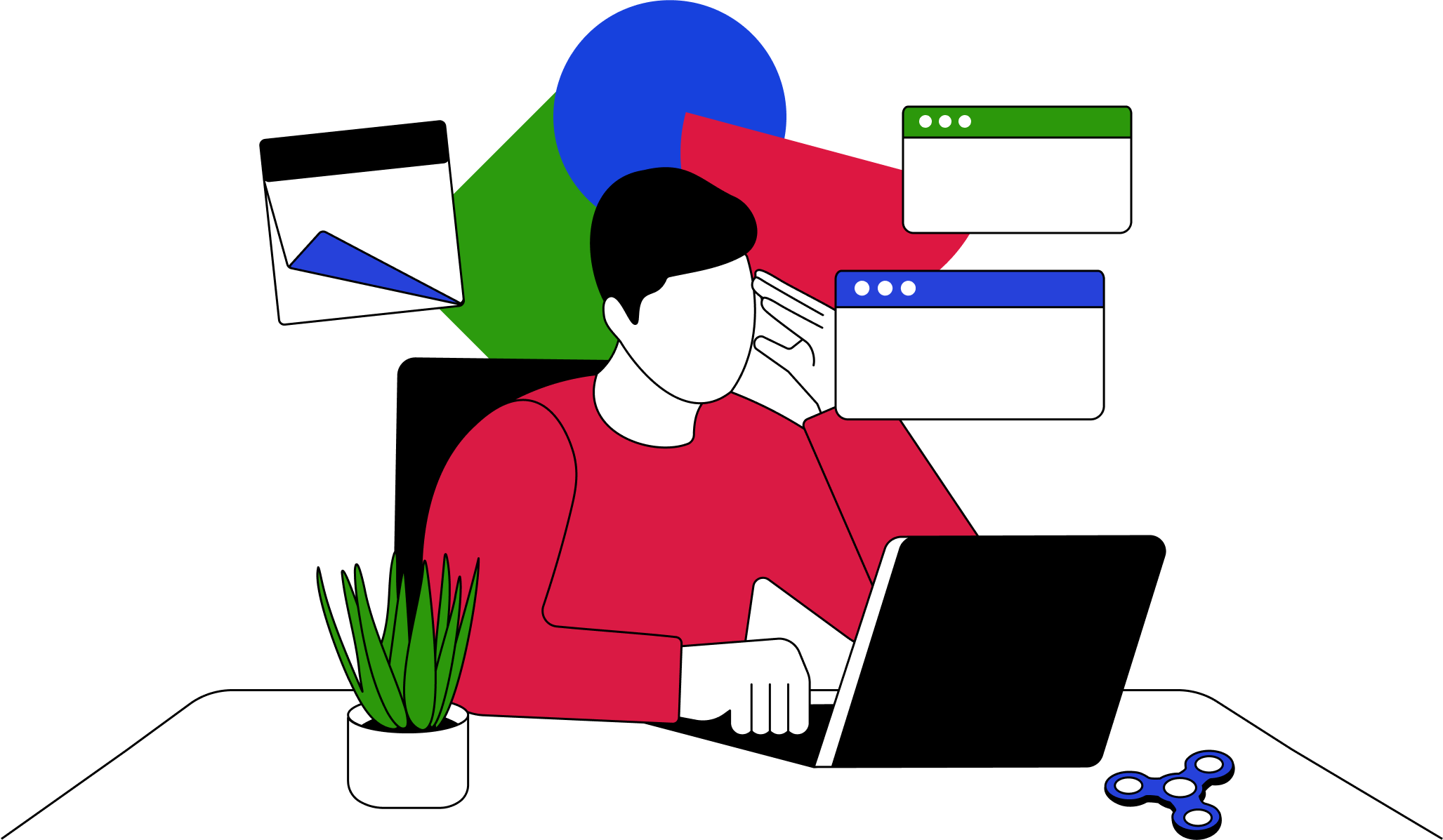 Illustration of a person working at a laptop surrounded by browser windows and accessibility elements