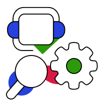 Manual + AI-Assisted Reviews — magnifying glass examining a gear, representing detailed manual review combined with automated technology