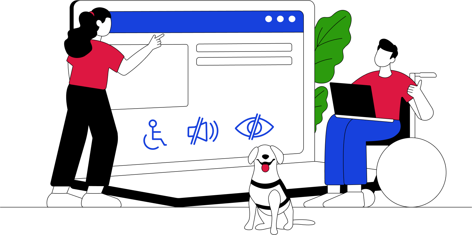 Digital accessibility illustration showing people working together to create accessible websites with accessibility icons and features